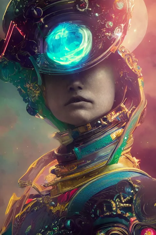 Image similar to a fancy portrait of a beautiful automaton floating in space with a colourful colour scheme by dustin nguyen, sung choi, mitchell mohrhauser, maciej kuciara, johnson ting, maxim verehin, peter konig, bloodborne, 8 k photorealistic, cinematic lighting, hd, high details, dramatic, dark atmosphere, trending on artstation