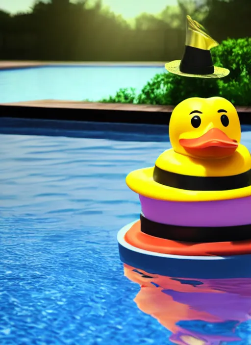 Prompt: photorealistic rubber duck in a pool wearing a sombrero hat, dynamic lighting, cinematic, hyper realism