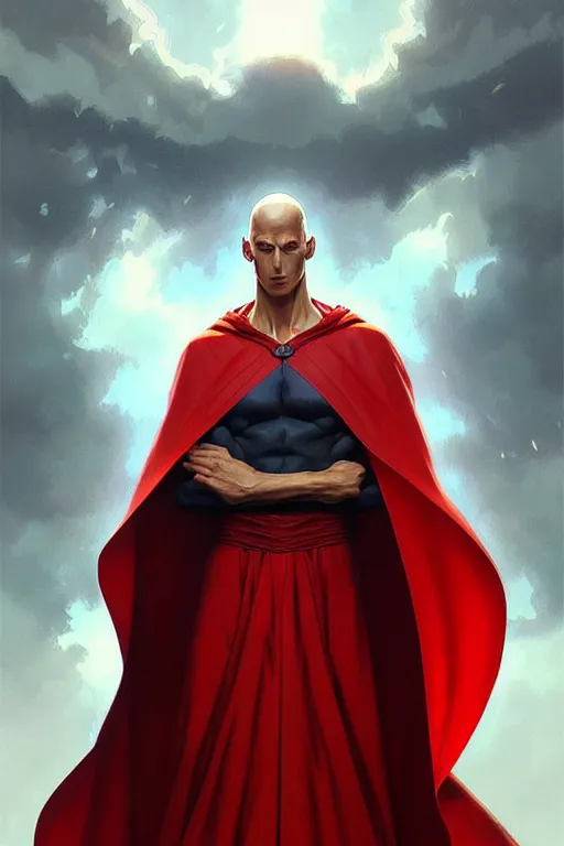 Image similar to ultra realistic illustration, handsome saitama. red cape, intricate, elegant, highly detailed, digital painting, artstation, concept art, smooth, sharp focus, illustration, art by artgerm and greg rutkowski and alphonse mucha and wlop