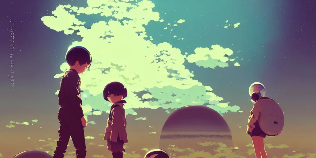 Image similar to 3 d portrait of boy and girl with astronaut helmets by ilya kuvshinov, cloudy sky background lush landscape ln illustration concept art anime key visual trending pixiv by victo ngai fanbox by greg rutkowski makoto shinkai takashi takeuchi studio ghibli