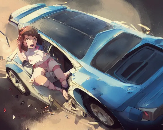 Image similar to a brunnete girl with blue eyes and puffy cheeks lying in a car accident, long shot from the top, anime art, Greg Rutkowski, studio ghibli, dramatic lighting