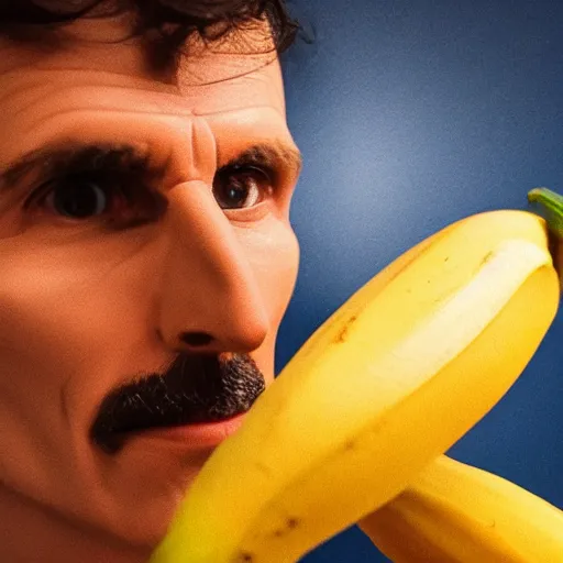 Prompt: Nikola Tesla trying to make electricity with a banana, ultra realistic, studio lighting