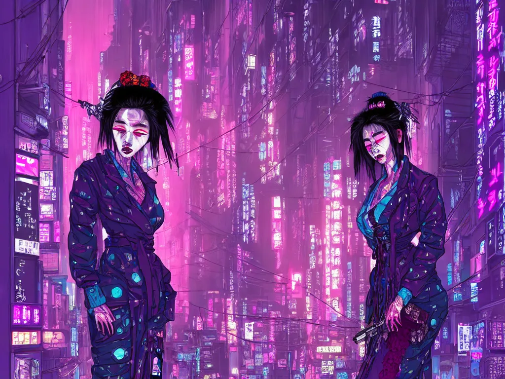 Image similar to high detailed lone dead geisha in a cyberpunk rainy city at night by Josan Gonzalez, purple and pink and blue neons, unreal engine, high quality, 4K, UHD, trending on ArtStation, wires, blade runner vibes, ghost in the shell, akira, dorohedoro