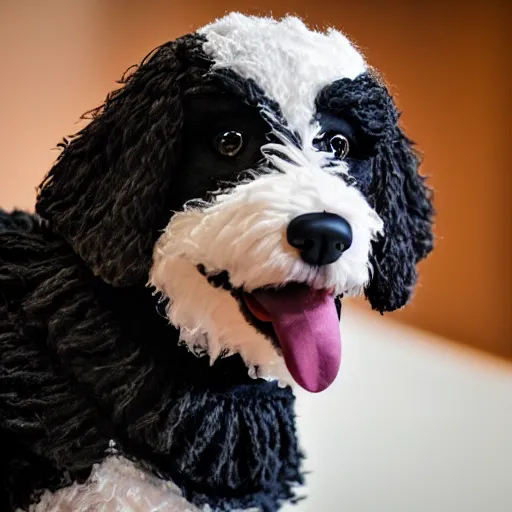 Image similar to a closeup photorealistic photograph of a cute smiling knitted bernedoodle judge dog dressed in a black gown, presiding over the courthouse. indoors, professional capture, well lit shot. this 4 k hd image is trending on artstation, featured on behance, well - rendered, extra crisp, features intricate detail, epic composition and the style of unreal engine.