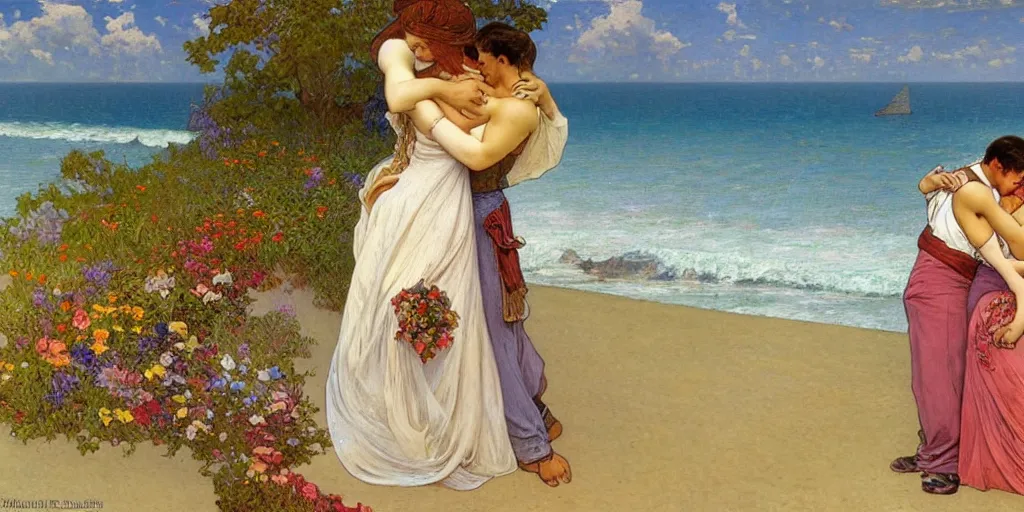 Prompt: a man hugging his beautiful wife by the beach, goro jurita, alphonse mucha, greg rutowski, thomas kinkade