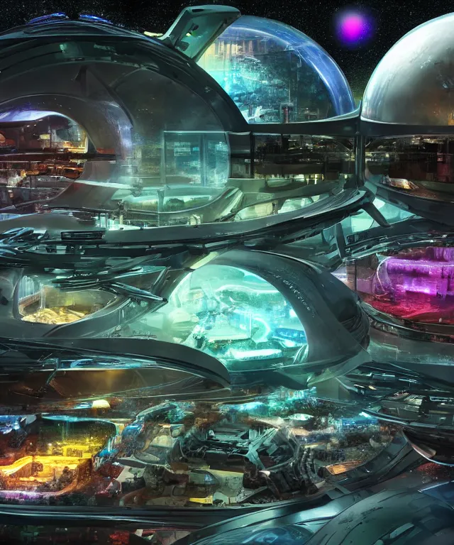 Image similar to a futuristic space colony, large bubble archaeologies, highly detailed, sci-fi, high-tech, neon lights, flying cars, alien technology