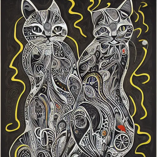 Image similar to A highly stylized conceptual art 4k shaded, finely detailed, matte illustration with intricate patterns of two abstract expressionist cats , their bodies intertwined together in the style of Kandinksy