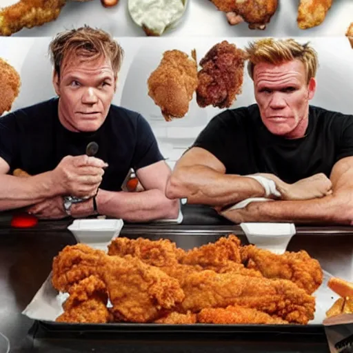 Prompt: dexter morgan and gordon ramsay eating fried chicken