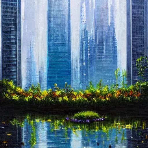 Prompt: A beautiful painting of a water lily pond in rain, skyscrapers in distance, Trending on artstation, cyberpunk