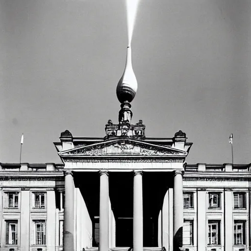 Prompt: photograph 1940’s Berlin chancellery with space ship flying overhead