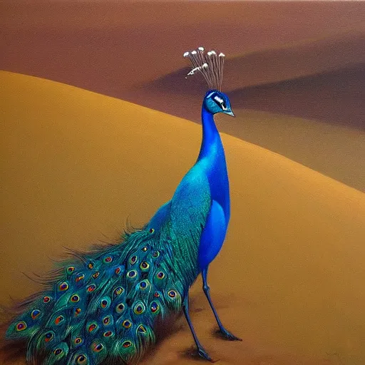 Prompt: peacock in the desert, hyper - realistic oil painting, by greg rutowski, james gurney, trending on artstation, highly detailed
