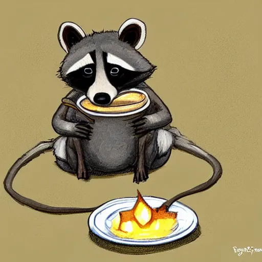 Prompt: little raccoon sitting by a cozy fireplace with a cup of tea. warm color temperature. digital art,