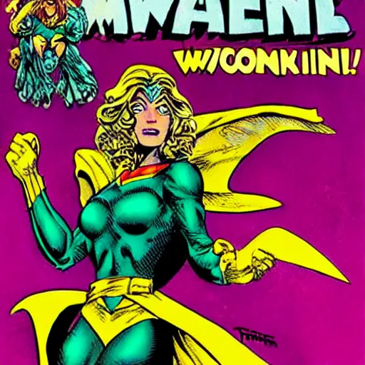 Prompt: a female wizard with wings snarls at her superhero enemy, comic book cover by todd mcfarlane