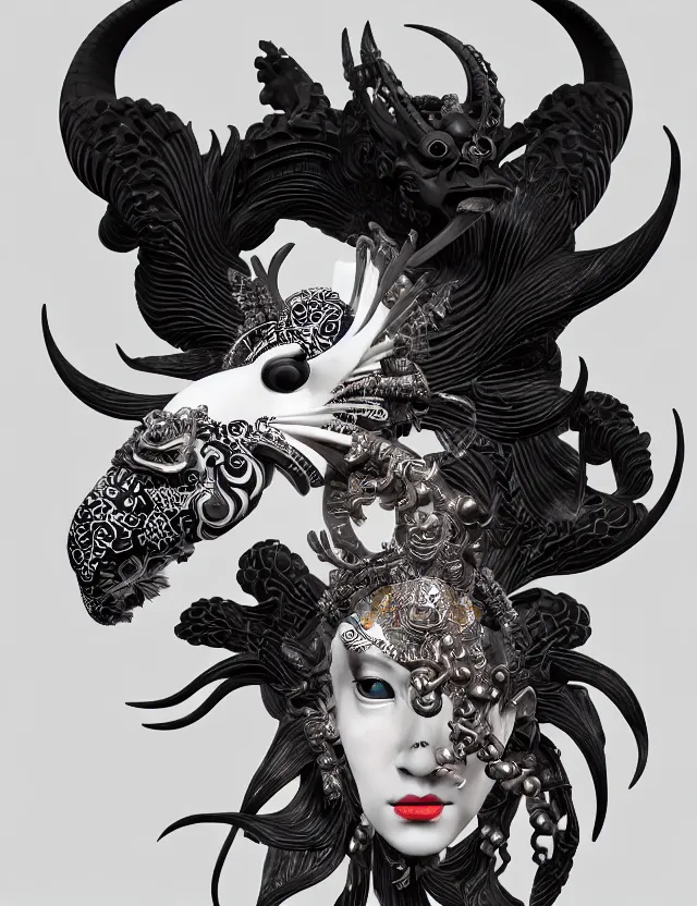 Image similar to 3 d goddess close - up profile portrait of satanic with ram skull. beautiful intricately detailed japanese crow kitsune mask and clasical japanese kimono. betta fish, jellyfish phoenix, bio luminescent, plasma, ice, water, wind, creature, artwork by tooth wu and wlop and beeple and greg rutkowski