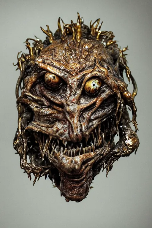 Image similar to photo taken of an epic intricate, ultra detailed, super realistic gritty, wet, slimy, lifelike sculpture of a nightmarish hellish alien ghoulish creature created by weta workshop, zoomed in shots, photorealistic, sharp focus, white wall coloured workshop, cold blueish colour temperture, f 0. 4, face centred, golden ratio, golden hour