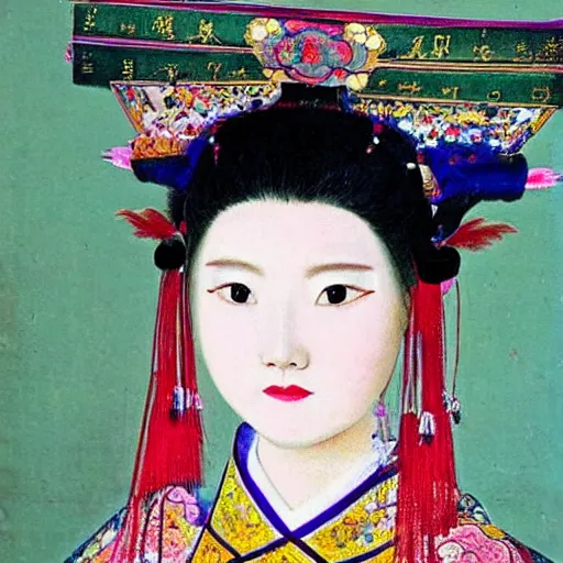 Prompt: impressive colorful portrait of a high fashion wudan girl in a chinese opera headdress, renaissance painting