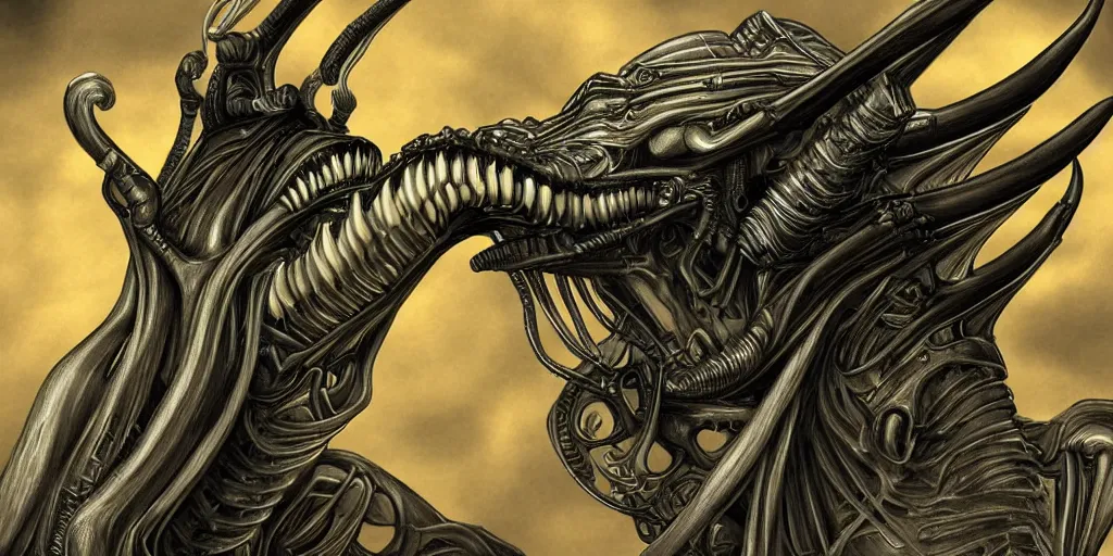 Image similar to xenomorph inspired buffalo, in the style of H.R. Giger, digital art
