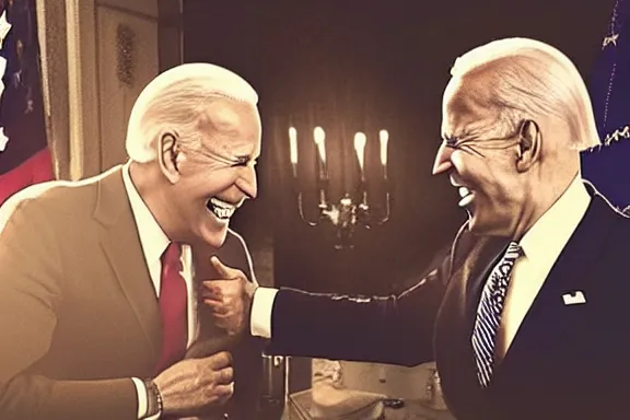 Image similar to “ very very intricate photorealistic photo of satan and joe biden laughing together, detailed natural lighting, award - winning crisp details ”
