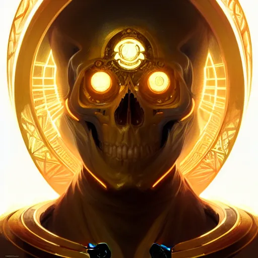 Image similar to symmetry!! portrait of golden! skull warrior, tech wear, glowing lights!! intricate, elegant, highly detailed, digital painting, artstation, concept art, smooth, sharp focus, illustration, art by artgerm and greg rutkowski and alphonse mucha