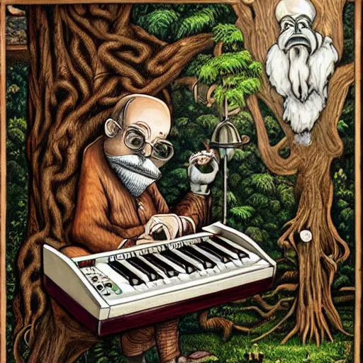 Image similar to old man white beard playing a synthesizer in a tree house, notes and clefs listening, lowbrow surrealistic, in the style of mark ryden,