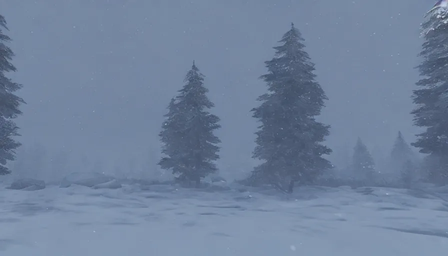 Prompt: Unreal Engine Survival Game in a blizzard, Heavy Thick snow, Fog and Mist, Beautiful dark Landscape, Distant Lights, Hyperrealistic, Hyperdetailed, Concept Art, High Snow