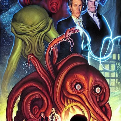 Prompt: comic book cover for'doctor who vs cthulhu ', art by alex ross