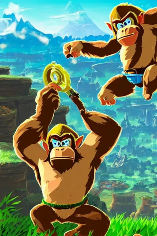 Image similar to an in game portrait of donkey kong from the legend of zelda breath of the wild, breath of the wild art style.