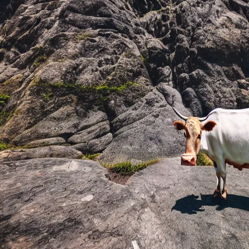 Prompt: a photo of a cow standing on black rocks, fisheye lens