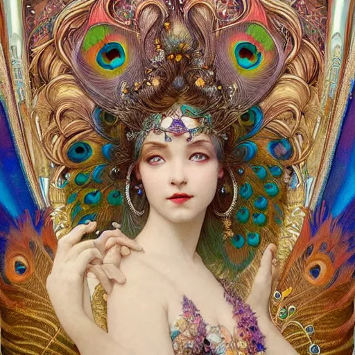 Prompt: realistic detailed face portrait of an otherworldly fairy tale Peacock Goddess with colorful feathers and ornate jewels in her hair by Alphonse Mucha, Ayami Kojima, Amano, Charlie Bowater, Karol Bak, Greg Hildebrandt, Jean Delville, and Mark Brooks, Art Nouveau, Neo-Gothic, gothic, rich deep jewel colors