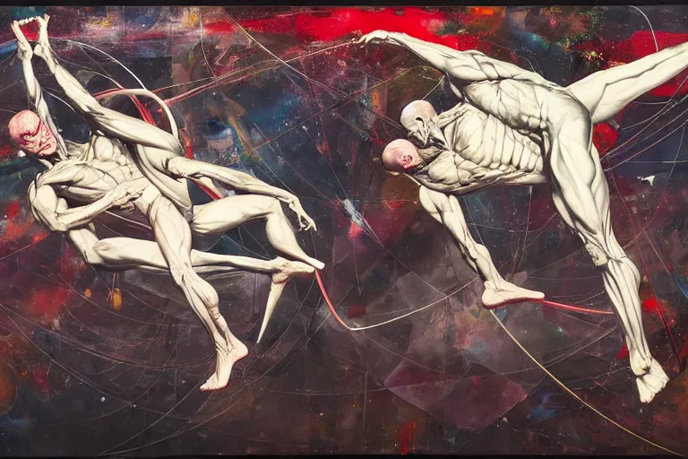 Image similar to two muscular men entwined, floating in space, zero gravity, inside a brutalist space ship, gothic, rich deep colours, painted by francis bacon, adrian ghenie, james jean and petra cortright, part by gerhard richter, part by takato yamamoto. 8 k masterpiece