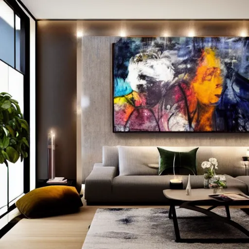 Prompt: mockup photo of luxury contemporary interior with large contemporary paintings for rich collectors, trending on pinterest, sharp hdr cinematic lighting 8 k