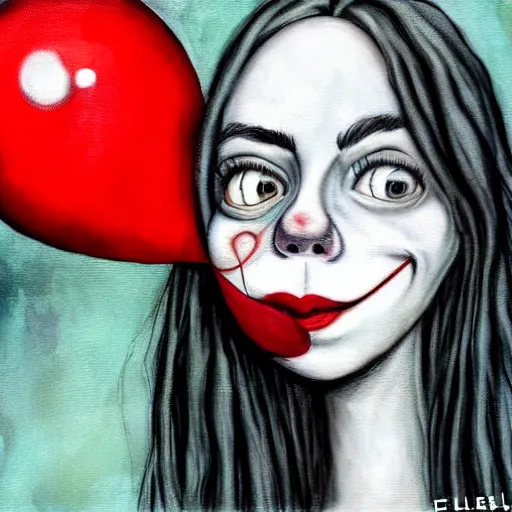 Prompt: grunge cartoon painting of billie eilish with a wide smile and a red balloon by chris leib, loony toons style, pennywise style, corpse bride style, horror theme, detailed, elegant, intricate