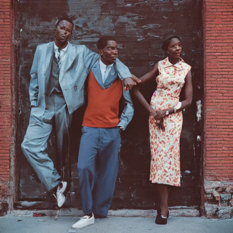 Prompt: analog medium format film portrait of couple in harlem, 1 9 6 0 s hasselblad film street photography, featured on unsplash, photographed on vintage expired colour film