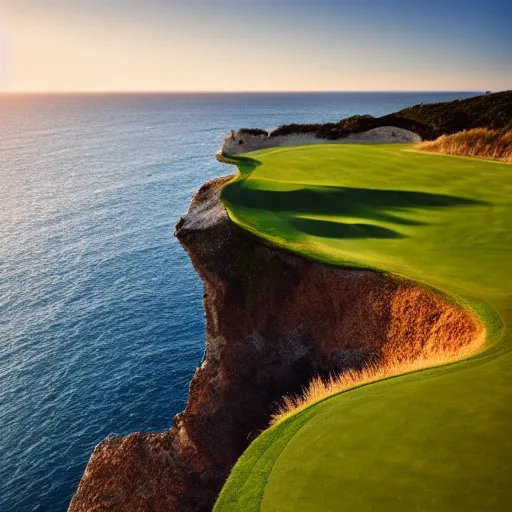 Image similar to a great photograph of the most amazing golf hole in the world, cliffs by the sea, perfect green fairway, human perspective, ambient light, 5 0 mm, golf digest, top 1 0 0, golden hour