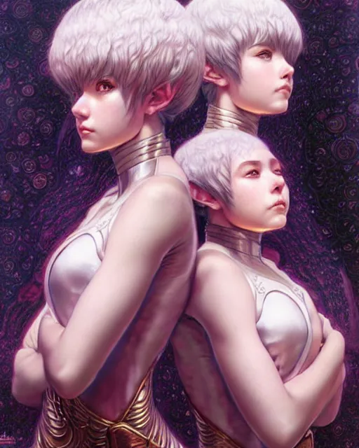 Image similar to portrait of two beautiful cute young maiden girls with short white hairs in warhammer armor, art by ( ( ( kuvshinov ilya ) ) ) and wayne barlowe and gustav klimt and artgerm and wlop