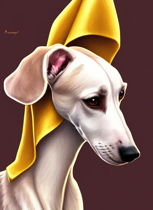 Image similar to cute white brown greyhound wearing golden cape, natural lighting, path traced, highly detailed, high quality, digital painting, by don bluth and ross tran and studio ghibli and alphonse mucha, artgerm