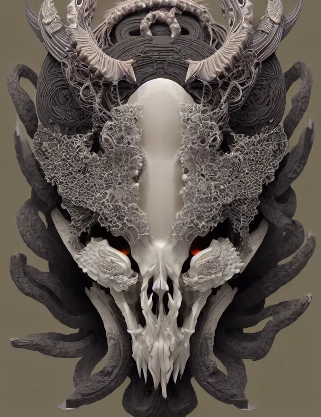 Image similar to 3 d goddess close - up profile portrait ram skull. beautiful intricately detailed japanese crow kitsune mask and clasical japanese kimono. betta fish, jellyfish phoenix, bio luminescent, plasma, ice, water, wind, creature, artwork by tooth wu and wlop and beeple and greg rutkowski