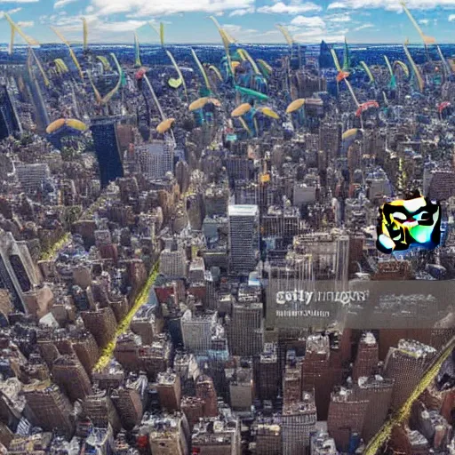 Image similar to news photo of giant minion parade floats in the sky in new york city, detailed 4 k photo