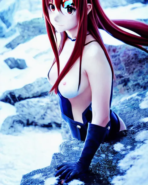 Image similar to photo of asuna from sao in winter location, asuna by a - 1 pictures, by greg rutkowski, gil elvgren, enoch bolles, glossy skin, pearlescent, anime, maxim magazine, very coherent, film still, dslr, 3 5 mm canon