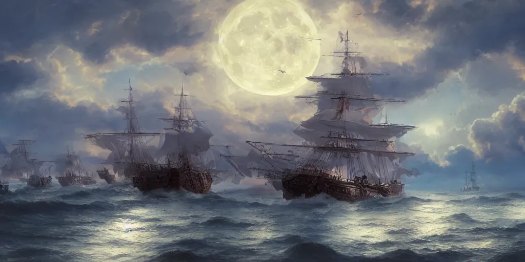 Prompt: an armada of 1 8 th century carracks and galleons, clear skies, angry sea, moon, milky way, stars, soft, by wlop, makoto shinkai, artgerm, artstation, ayami kojima, 1 6 k, wide angle