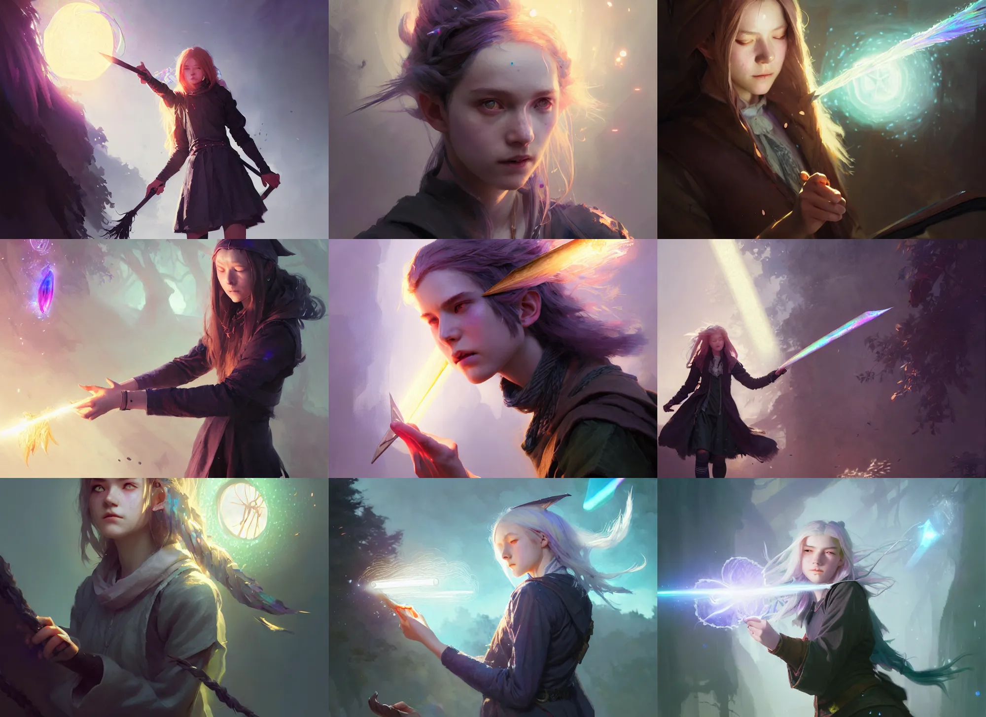 Image similar to rugged female college student witch, light iridescent hair color, magic school uniform, casting spells, fantasy, intricate, sharp focus, lens flare, bloom, illustration, highly detailed, digital painting, concept art, matte, art by ruan jia and wlop and greg rutkowski, masterpiece