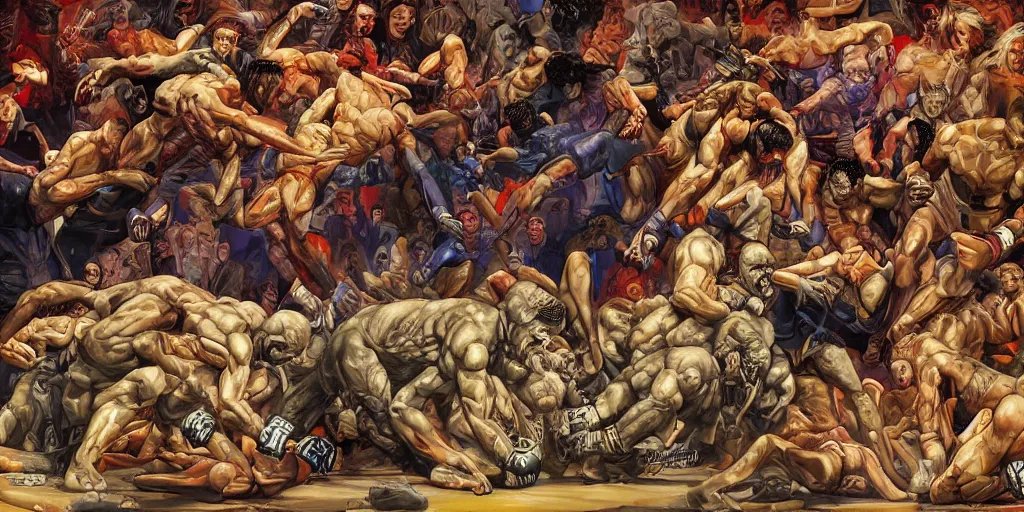 Prompt: digital painting of monsters doing mixed martial arts, by michael whelan, highly detailed, collage of styles, mix of styles, intricate, ghost in the shell color scheme, mma, boxing, kickboxing, masterpiece, golden ratio