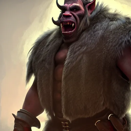 Image similar to A full body shot of a handsome orc looking into the camera wearing a fur jacket and boots, full body shot, artstation, realistic, highly detailed, symmetrical, hyper realism, high detail, octane render, unreal engine, 8k, fantasy art, highly detailed, concept art