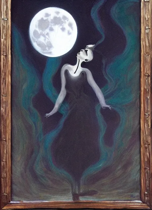 Image similar to surrealism, abstract, a dark witch in front of the full big moon, painting by abercrombie, gertrude