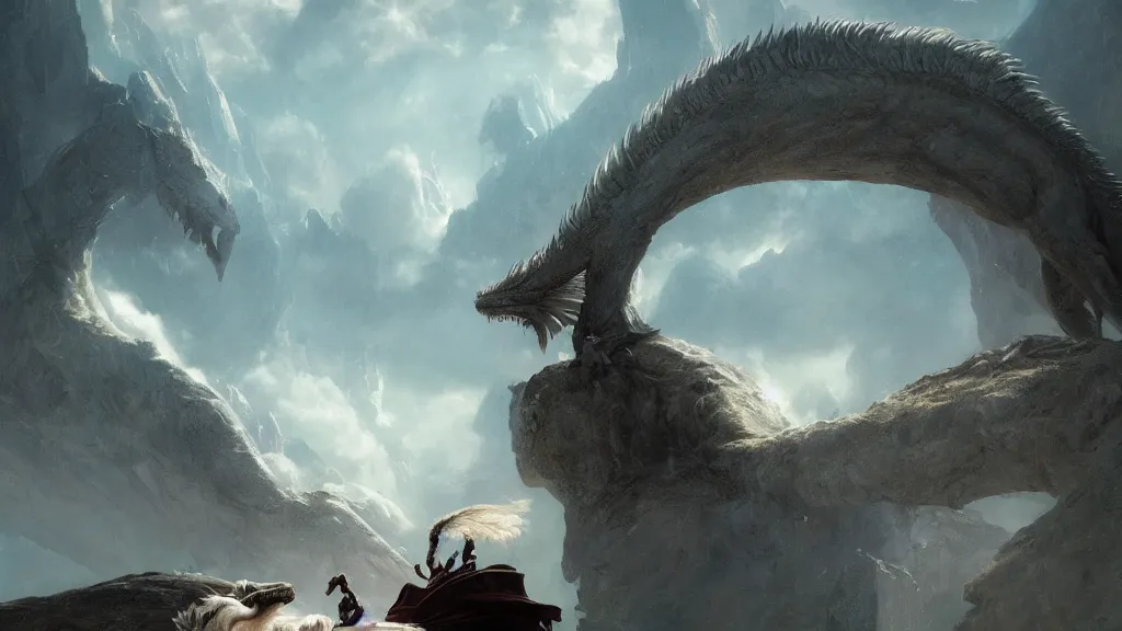 Image similar to view while riding falcor the long - bodied luck dragon flying through the nothing. the neverending story movie. greg rutkowski. melancholy undertones. deviantart. artstation. 3 8 4 0. 2 1 6 0.