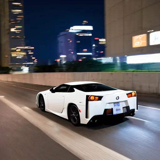 Prompt: a distant photo of a lexus lfa in shuto expressway : : racing at extreme speeds through light traffic : : motion blur, night lights