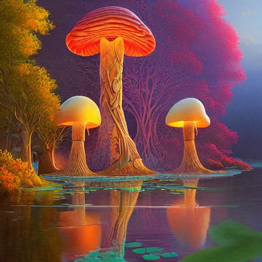 Prompt: palace river mushroom digital art art nouveau intricate details hyper realism vibrant colors by alex grey, evgeny lushpin, moebius, rhads, arthur adams