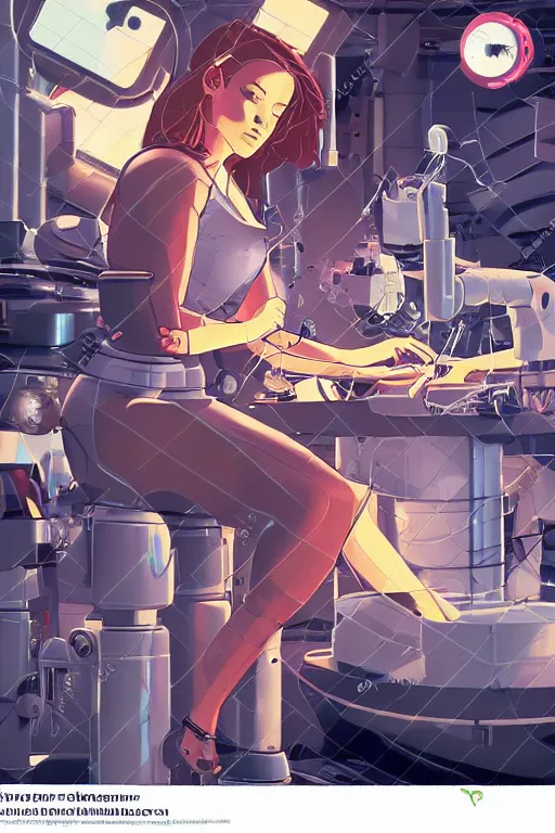 Image similar to full body closeup of pretty girl working in a small robot repair shop, broken android laying on the ground, chrome reflections, illustration by moebius , dynamic lighting, glowing lights, neons, science fiction