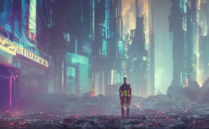 Image similar to a 3 d render of a person standing in the ruins a futuristic city with fires and plumes of smoke in the background, cyberpunk with lights and electricity and neon, bokeh, canon 5 0 mm, cinematic lighting, volumetric light, octane, octane render, redshift render