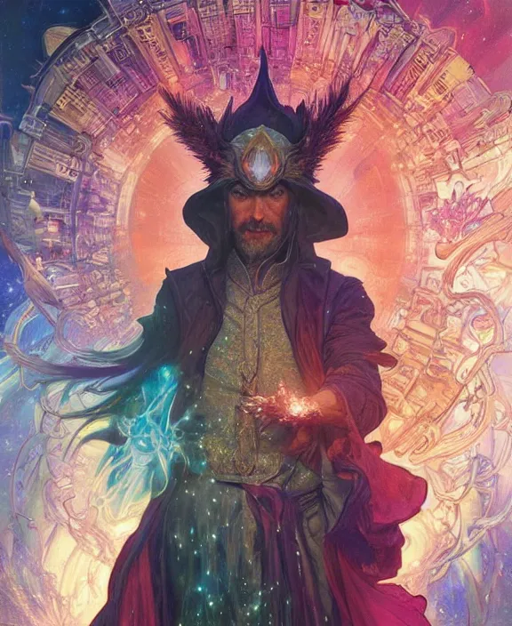 Prompt: a trading card of a wizard surrounded by a whirlwind of magical particles ushing inside the metaverse, half body, fantasy, intricate, elegant, highly detailed, colorful, vivid color, digital painting, artstation, concept art, art by artgerm and greg rutkowski and alphonse mucha and ruan jia